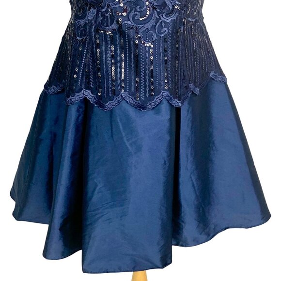 Adrianna Papell Lace Sequin Taffeta Cocktail Dress 10 Knee Length Fit Flare Navy - Picture 4 of 12